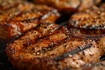 Wall Mural - Close up of seasoned steaks sizzling on a hot grill, showcasing the aroma and flavor of the cooking meat