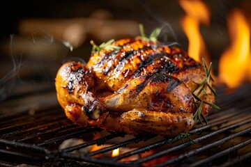Canvas Print - A detailed view of a grilled chicken showing crispy skin on a grill