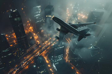 Wall Mural - Commercial passenger airplane flying over a city at bright sky AI Generative