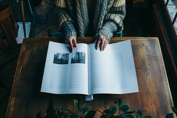 Wall Mural - Individual seated at a table, flipping through an open book with blank pages