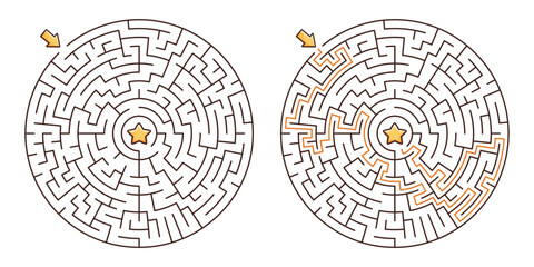 Maze  game for kids  with a solution. Circular labyrinth with a star in the center. 