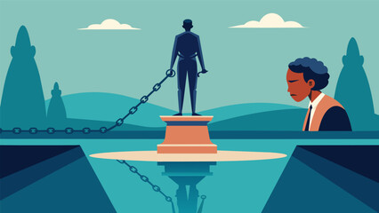Wall Mural - A small reflection pool next to a statue of a person breaking free from chains serving as a powerful reminder of the true meaning of Juneteenth and. Vector illustration