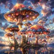 A field of glowing mushrooms in a surreal landscape with a starry night sky.