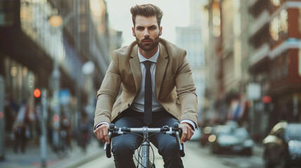 Wall Mural - Businessman riding bicycle in the city