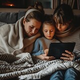 Fototapeta  - Mother and daughter watching a documentary on a tablet. cuddled under a blanket on the couch. highlighting family bonding.