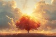 Tree in the sky with sun rays,   render illustration