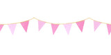 Watercolor seamless border with a garland of pink flags. Hand drawn border isolated on white background. Design of greeting cards, party decoration, invitations, birthday. Cute girly style