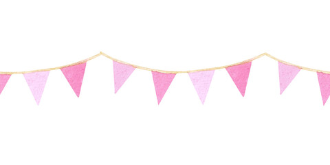 watercolor seamless border with a garland of pink flags. hand drawn border isolated on white backgro