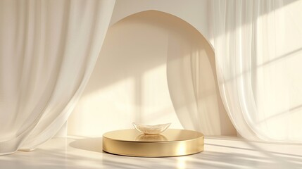 Sticker - blank empty stylish golden round podium with blowing white sheer curtain for beauty. AI Generative