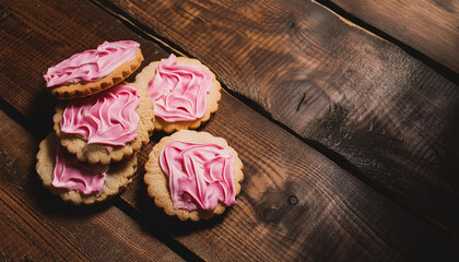 Freshly baked sugar cookies with pink frosting on wooden table. Tasty food. Delicious snack.