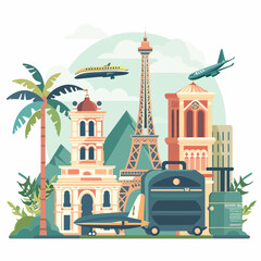 Wall Mural - A colorful illustration of a city with a plane flying over the Eiffel Tower