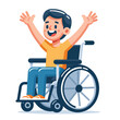 illustration of a joyful disabled person in a wheelchair, raising hands in excitement
