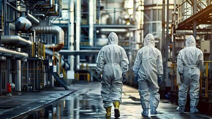 Wall Mural - Workers in protective suits at a chemical plant . Concept Chemical Plant, Protective Suits, Workers, Safety Measures, Industry Environment