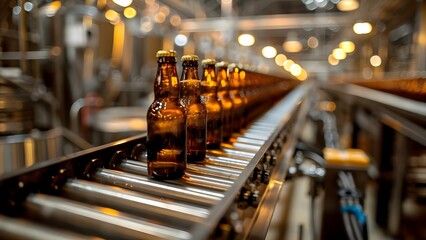 Wall Mural - Beer bottle conveyor belt in a brewery. Concept Brewery Equipment, Beer Production, Manufacturing Process, Industrial Machinery, Production Line