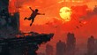 A figure takes a daring jump across a gaping chasm in a devastated cityscape under a dramatic orange sunset.