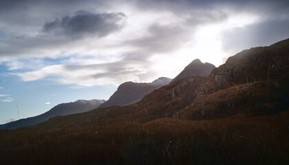 Sticker - Looking up the ridges towards the summits of Beinn Dearg Bheag and Beinn Dearg Mor near River Gruinard and above Loch na Sealga in the Scottish Highlands, Scotland, UK.