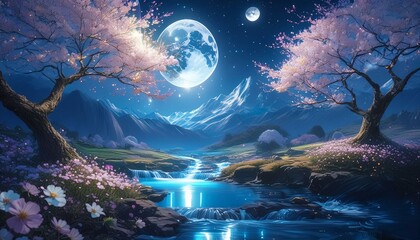 Wall Mural - 透き通るような綺麗なガラスのようなスタイル、夜桜がひらひらと舞い上がる、輝きに満ちた月、幻想的な水流のイラスト generated by AI