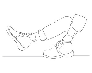 Wall Mural - Continuous single line drawing of foot wearing casual sneakers shoes. One line art of sport shoes vector illustration