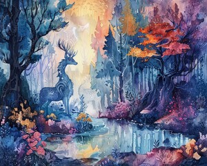 Naklejka na meble A fantasy watercolor scene with mythical creatures, set in a colorful, enchanted forest with magical elements in the background
