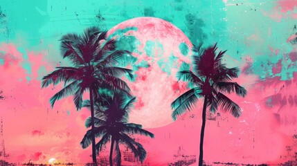 Wall Mural - A chill vibe theme banner with soft neon pink, teal, yellow and black gradient colors, 80s retro, no trees