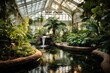 A Serene Afternoon in a Classical Botanical Garden with Majestic Victorian Greenhouses, Blooming Exotic Plants, and Tranquil Water Features