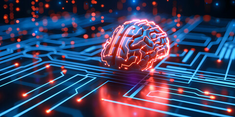 Sticker - Neural circuit and electronic cyber brain in a quantum computing system, concept of artificial intelligence technology, biotechnology innovation, robot progress and machine learning