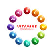Multi Vitamin complex icons, banner flyer. Vector illustration. Place for text. Multivitamin supplement, b1, d, e, mg, c, zinc, magnesium. Diet infographics poster. Colorful pills