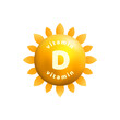 Vitamin D 3d icon with sun rays. Yellow oil bubble, drop for healthy life, good mood, energy. Vector illustration. Place for text