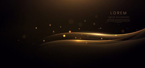 Wall Mural - gold curved ribbon on black background with lighting effect and sparkle with copy space for text. lu