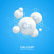 Mineral Ca white molecule. Calcium icon, pill capcule. Vitamin complex health formula . Pearl drop sign. Meds heathcare banner, cover or poster. Vector illustration. Medical food supplement concept