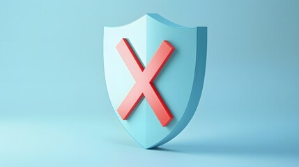 cartoon 3d Icon safety shield x mark perspective . Blue symbol security safety icon. Red X mark in minimalistic style. 3d vector illustration. white background