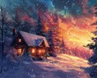 A watercolor illustration of a cozy winter cabin, with colorful lights and snowy elements creating a warm background