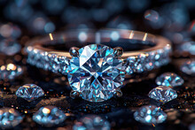 A Close-up Shot Of An Elegant Diamond Ring On A Blue Blurred Background. Created With Ai