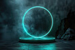 3D render of a glowing teal circular podium platform on a dark background, with a glowing rim light effect.