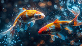 Fototapeta Na ścianę - Two koi fish swimming gracefully in a shimmering pond