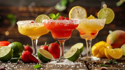 Wall Mural - group of cocktails on a restaurant background: classic, strawberry and mango margarita. White, red, orange alcoholic cocktail with decoration of salt on the edge of the glass with lime, lemon