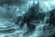 A majestic Gothic castle perched on a cliff overlooking a stormy sea.