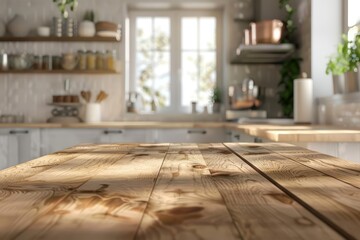 Positioned in the blur bokeh modern kitchen interior, the wooden table accents the sleek design with its refined rustic charm, Sharpen 3d rendering background