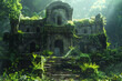 A hidden castle deep within a jungle, overgrown with vines and guarded by ancient statues.