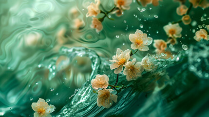 Wall Mural - Floral wave nature background, flowers and clear water