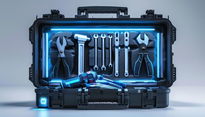 The image captures a hitech toolbox, compact and organized with LED lighting inside, ready for any repair or project, Sharpen isolated on white background