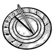 © Oleksandr Pokusai - Sundial watch sketch engraving PNG illustration. Scratch board style imitation. Black and white hand drawn image.