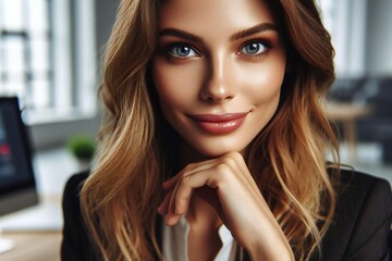 Wall Mural - woman with long brown hair and blue eyes is smiling and looking at the camera