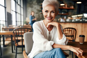 Canvas Print - woman in a white shirt and blue jeans is sitting at a table in a cafe