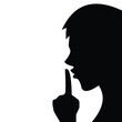 © Amanda Alamsyah - Man from side view with hand finger in front of mouth. Ssshhh please be quiet shadow silhouette illustration isolated on white background. Simple flat whisper poster drawing for prints.