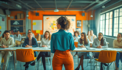 Business woman in a Coworking training. Woman training people for the job market. Business meeting.