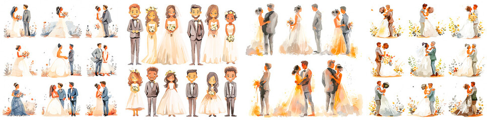 Wall Mural - 4 photos. Collection of abstract illustrations of wedding couples. Includes brides and grooms. Multiracial African American and Caucasian couples are depicted. illustrations in cartoon style.