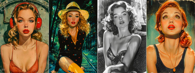 Sticker - 4 photos. A fun and whimsical pin-up scene A cartoon inspired by a magazine A retro-futuristic noir vibe in fashion and design An authentic cartoon vibe with a touch of glamor and nostalgia