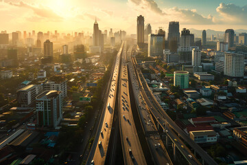 City skyline at sunset with busy highway and skyscrapers in view