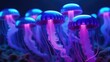 A group of jellyfish with blue and purple neon colors. The jellyfish are floating in the water deep at the ocean.Marine life background concept.